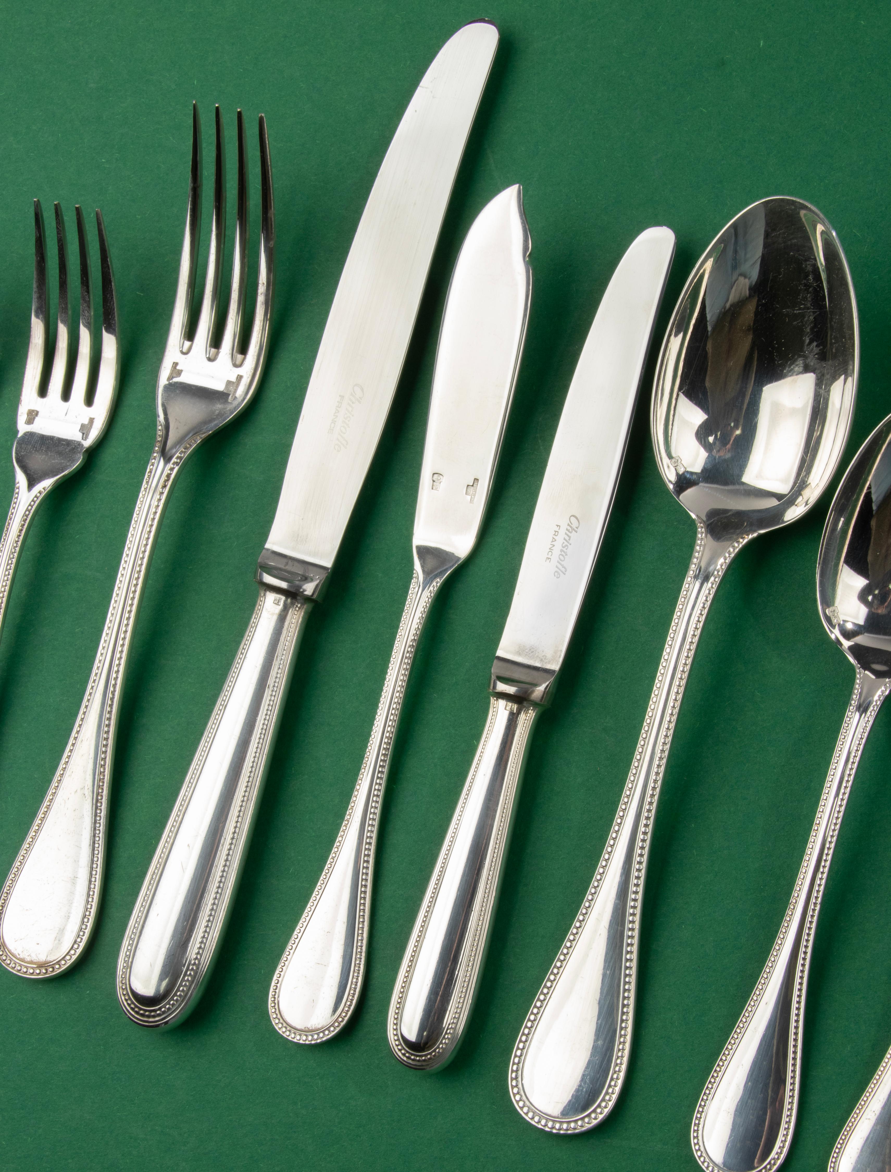 Contemporary 158-Piece Set Silver Plated Tableware - Christofle - Perles - for 12 Persons For Sale