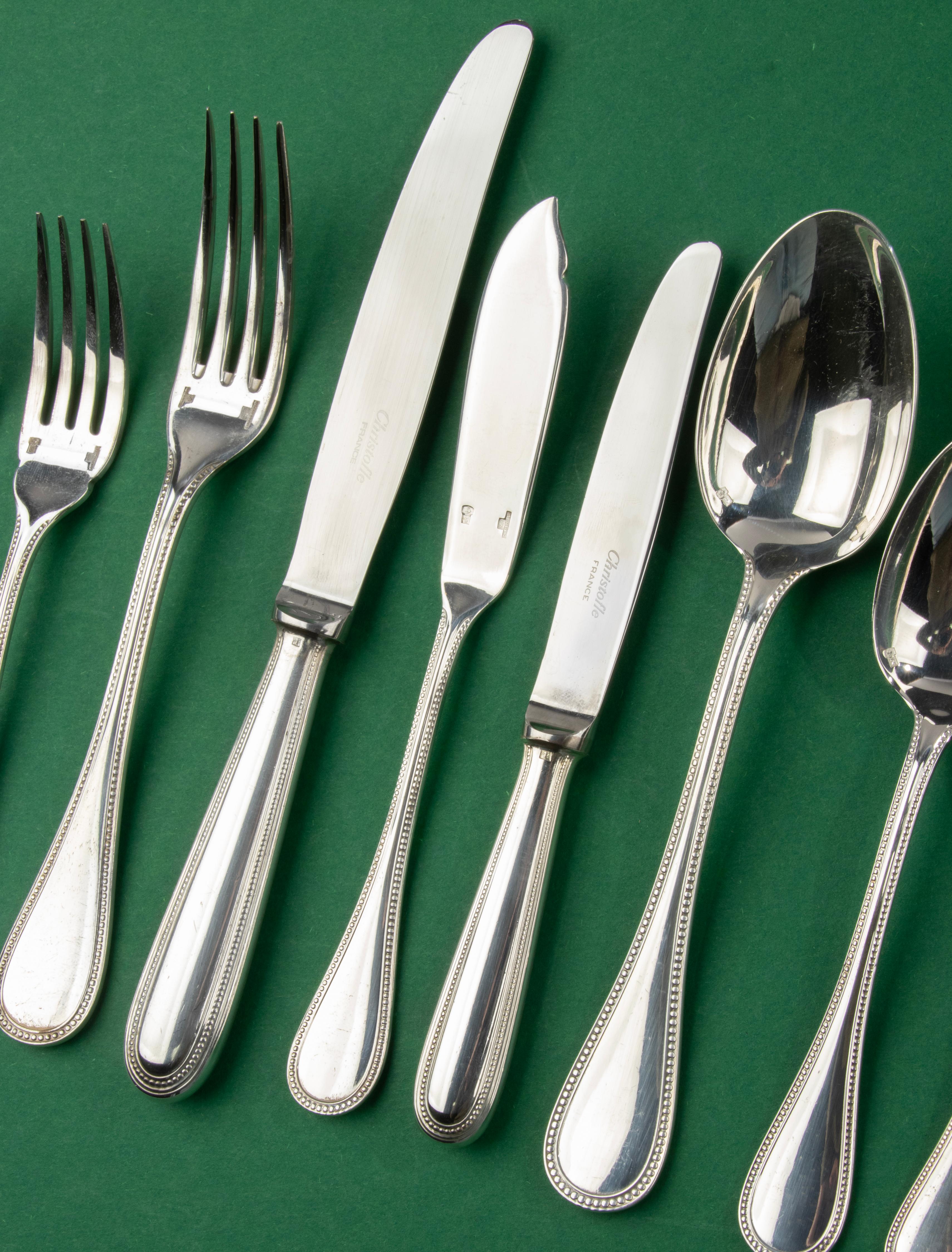 Contemporary 158-Piece Set Silver Plated Tableware - Christofle - Perles - for 12 Persons