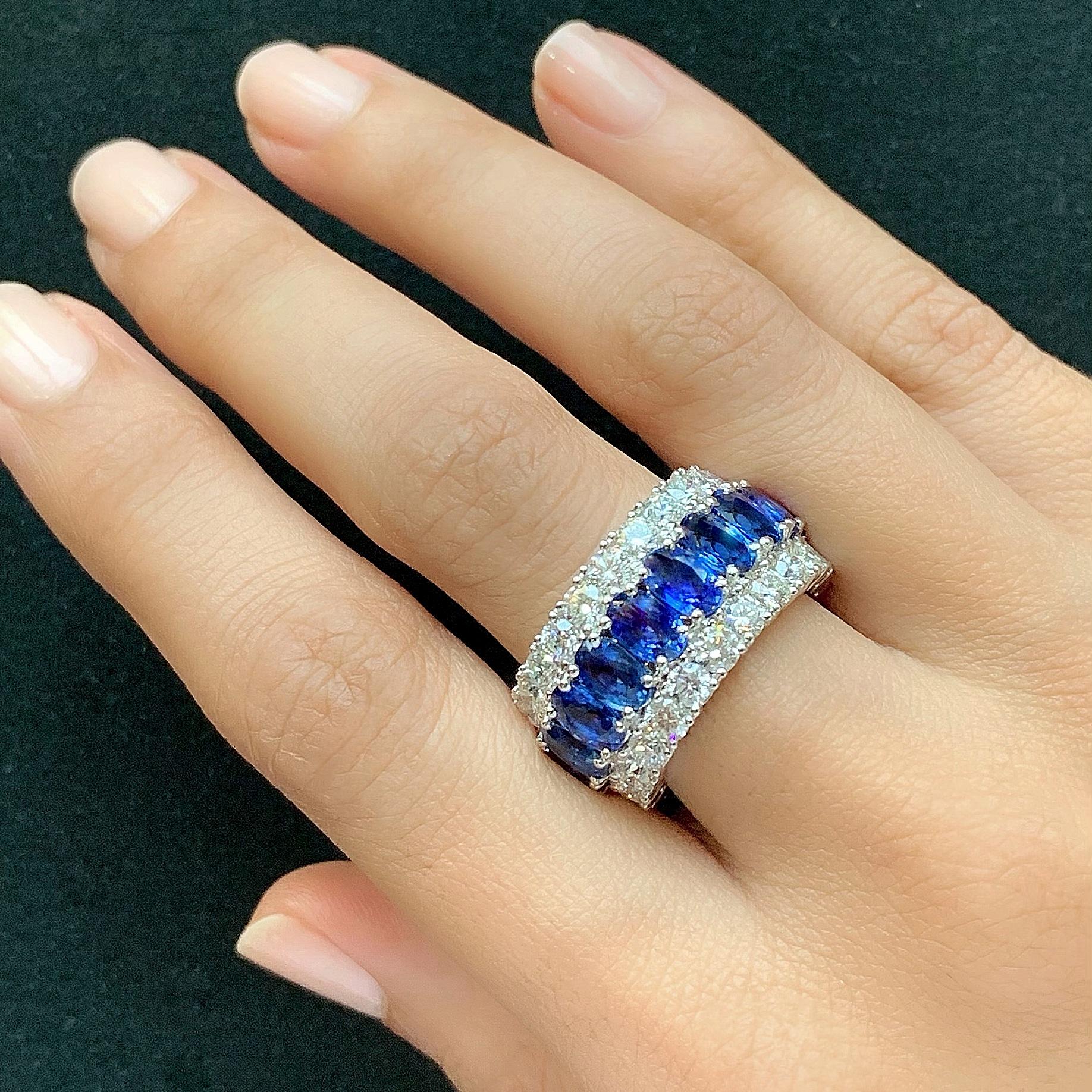 Contemporary 15.80 Carat Oval Sapphire Diamond 18 Karat White Gold Eternity Band Ring