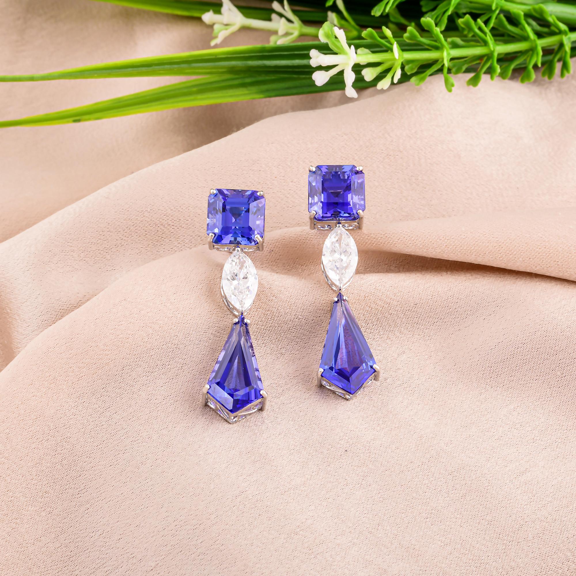 Modern 15.80 Carat Tanzanite Earrings 2.06 Carat SI/H Marquise Diamond 14k White Gold For Sale
