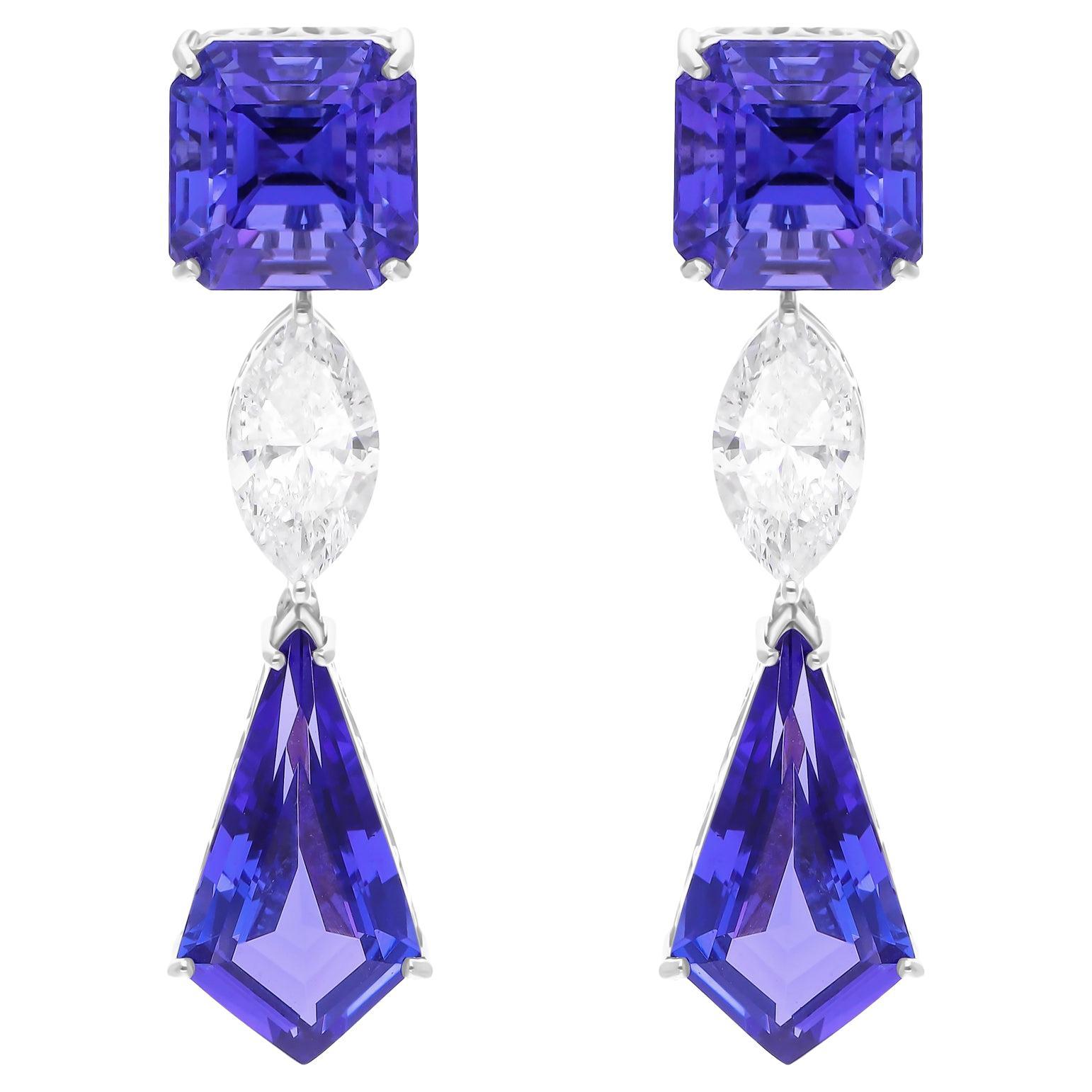 15.80 Carat Tanzanite Earrings 2.06 Carat SI/H Marquise Diamond 14k White Gold
