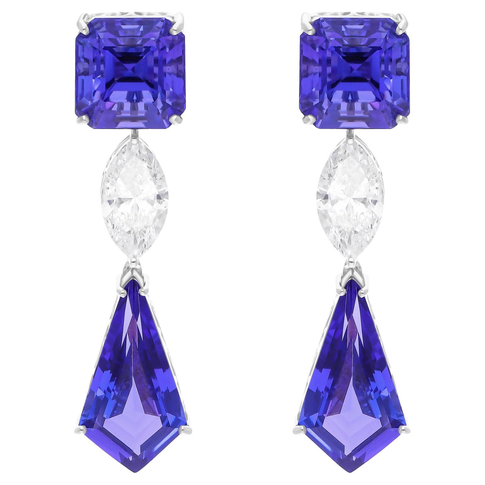 15,80 Karat Tansanit-Ohrringe 2,06 Karat SI/H Marquise-Diamant 18k Weißgold