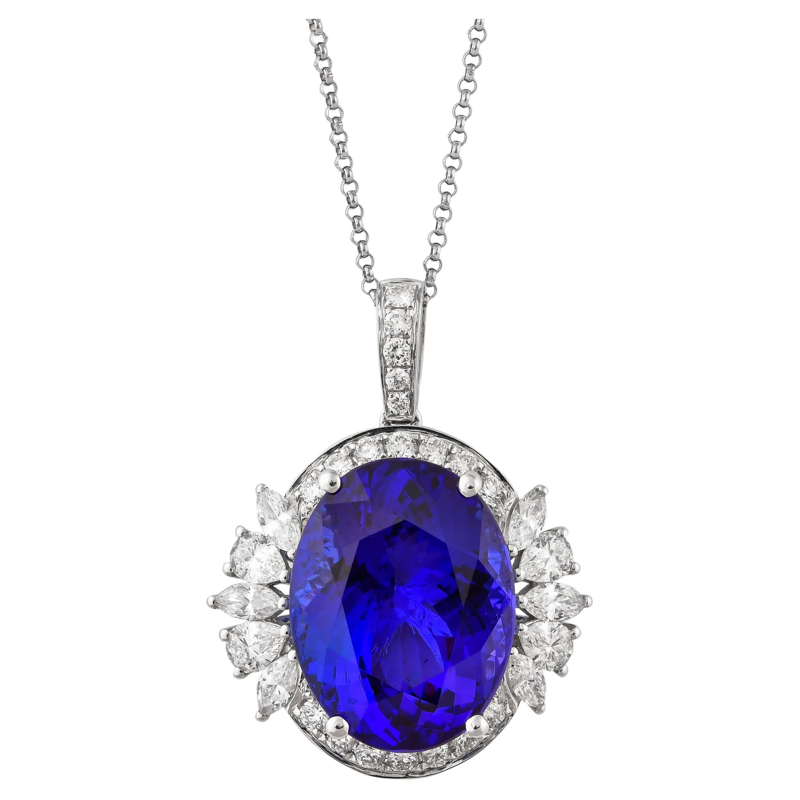 15.80 Carat Tanzanite Pendant in 18 Karat White Gold with Diamond. For Sale