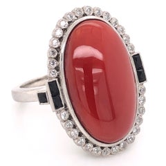 15.81 Carat Deep Red Coral Onyx Art Deco Style Platinum Ring Estate Fine Jewelry