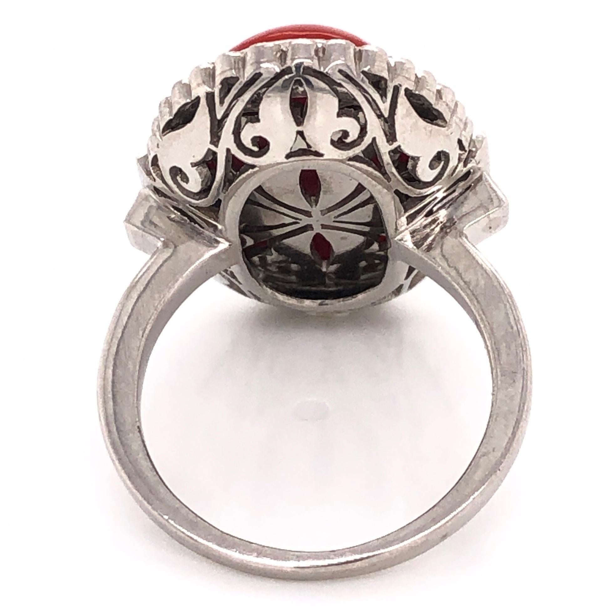 Mixed Cut 15.81 Carat Deep Red Coral Onyx Art Deco Style Platinum Ring Estate Fine Jewelry