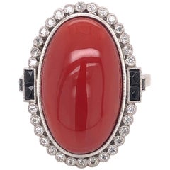 Vintage 15.81 Carat Deep Red Coral Onyx Art Deco Style Platinum Ring Estate Fine Jewelry