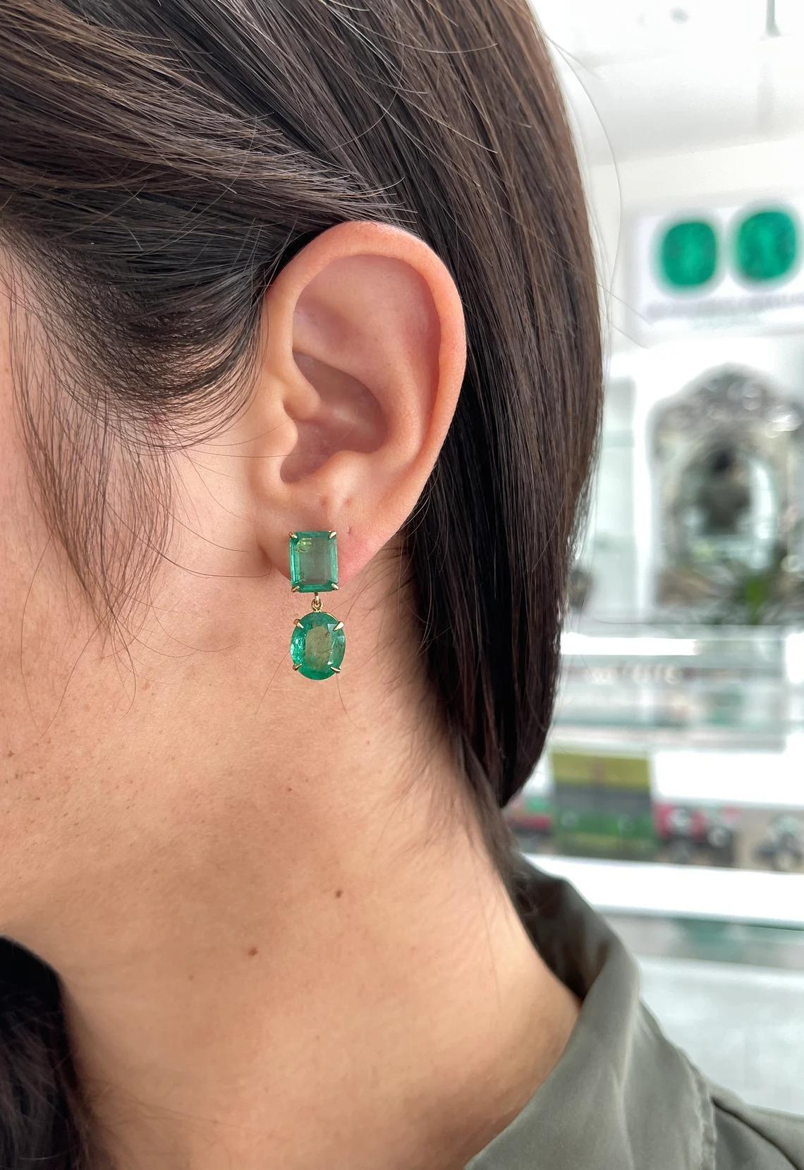 Modern 15.82tcw Dark Green Large Zambian Emerald-Emerald Cut & Oval Cut Dangle Earrings For Sale