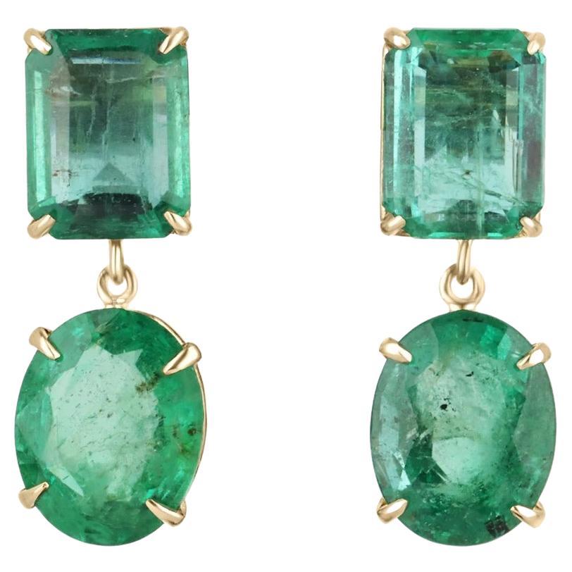 15.82tcw Dark Green Large Zambian Emerald-Emerald Cut & Oval Cut Dangle Earrings For Sale