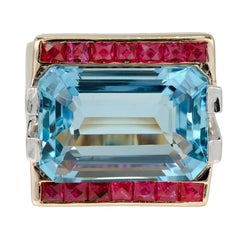 15.83 Carat Natural Aquamarine Ruby Diamond Gold Platinum Art Deco Cocktail Ring