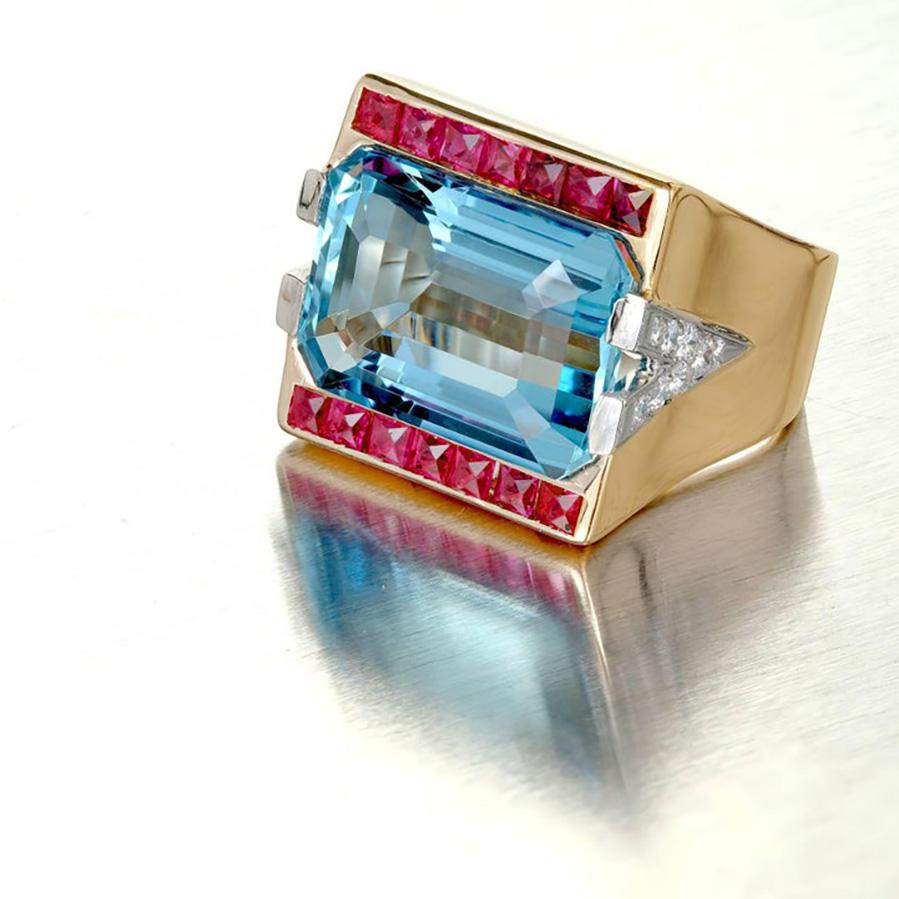 Emerald Cut 15.83 Carat Natural Aquamarine Ruby Diamond Gold Platinum Art Deco Cocktail Ring For Sale