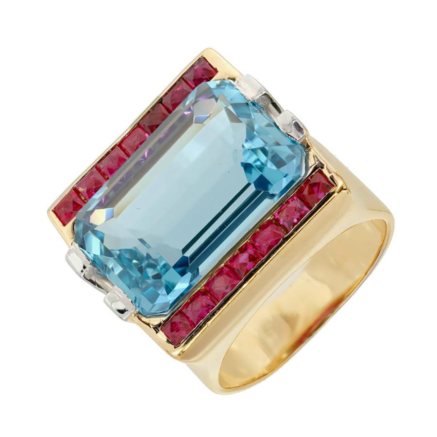 15.83 Carat Natural Aquamarine Ruby Diamond Gold Platinum Art Deco Cocktail Ring In Good Condition For Sale In Stamford, CT