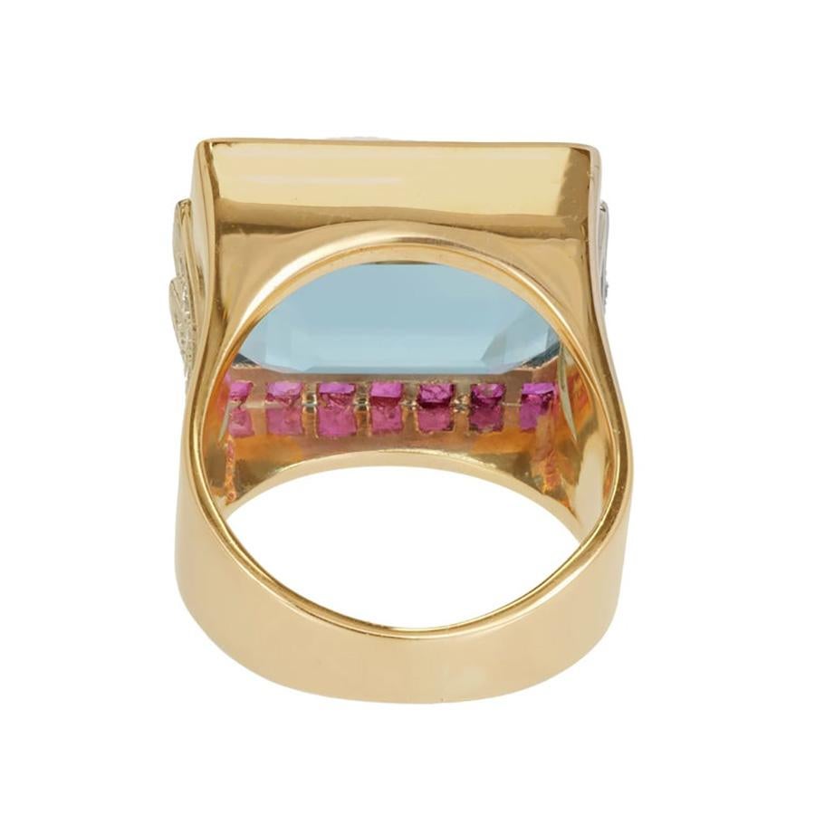 15.83 Carat Natural Aquamarine Ruby Diamond Gold Platinum Art Deco Cocktail Ring For Sale 1