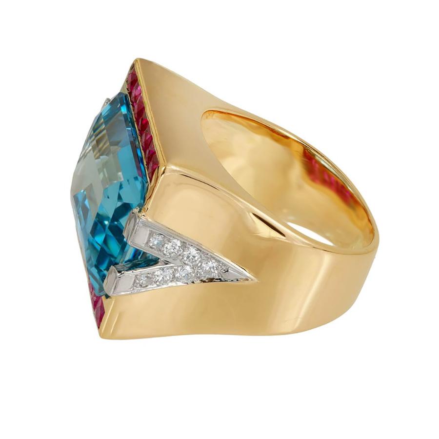 15.83 Carat Natural Aquamarine Ruby Diamond Gold Platinum Art Deco Cocktail Ring For Sale 2