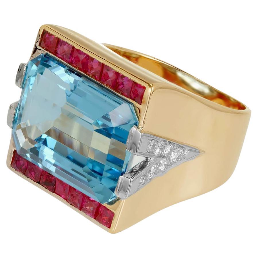 15.83 Carat Natural Aquamarine Ruby Diamond Gold Platinum Art Deco Cocktail Ring For Sale