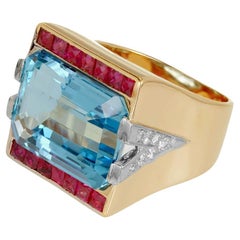 15.83 Carat Natural Aquamarine Ruby Diamond Gold Platinum Art Deco Cocktail Ring