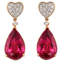 15.83 Carat Rubellite Tourmaline Earring with Diamond in 18 Karat Yellow Gold