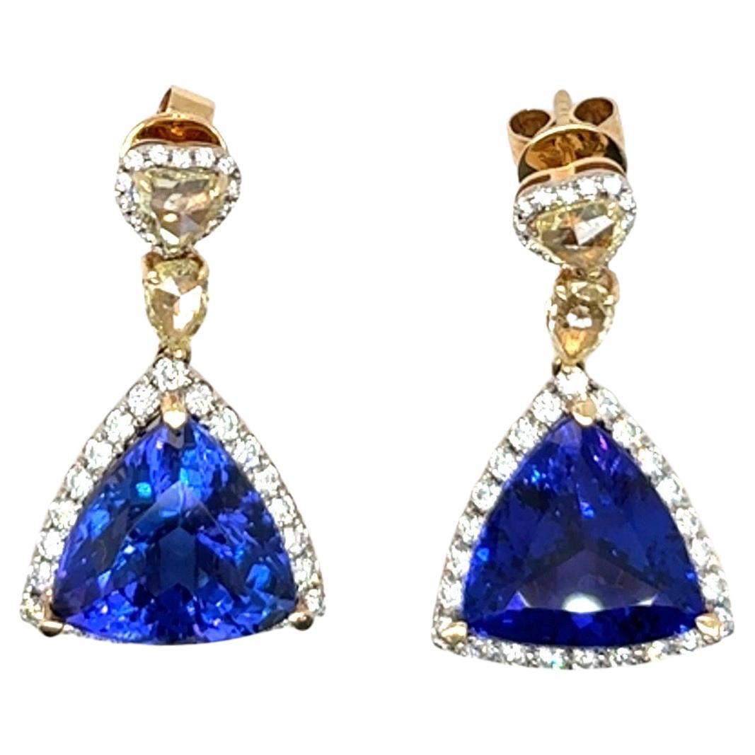 15.83 Carat Trillion Cut Tanzanite Yellow Diamond Dangling Earrings