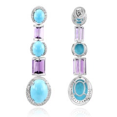 15.83 Cts Cabochon US Turquoise, 4.86 Cts Amethyst, & Diamond 18K Gold Earrings
