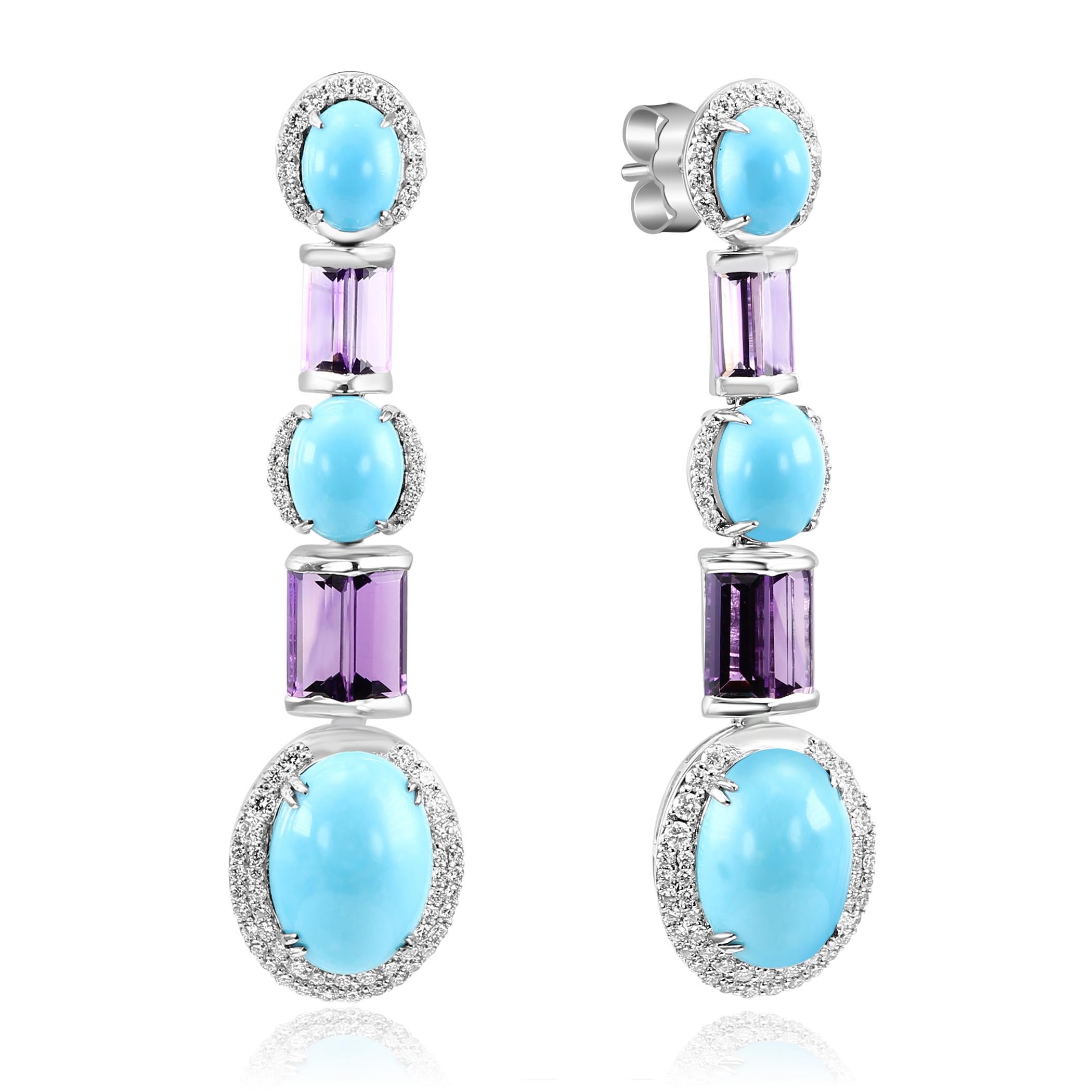 Pendientes de oro de 18 quilates con cabujón de turquesa estadounidense de 15,83 quilates, amatista de 4,86 quilates y diamantes Moderno en venta