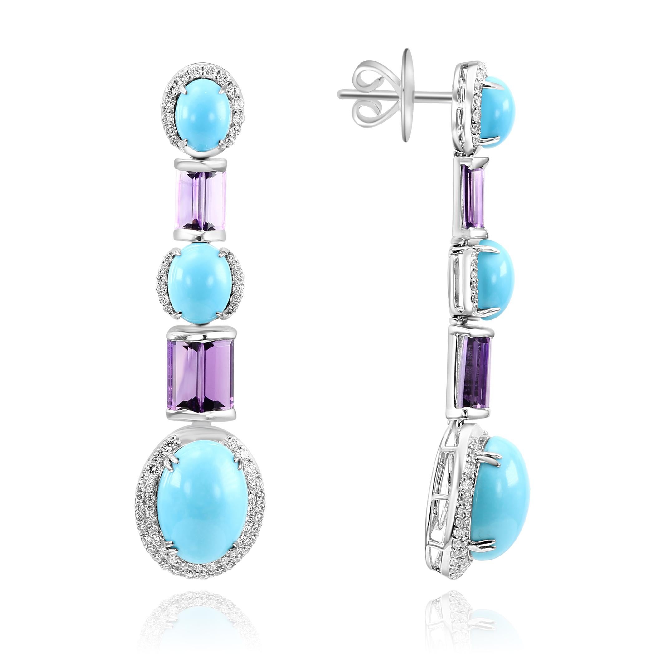 Pendientes de oro de 18 quilates con cabujón de turquesa estadounidense de 15,83 quilates, amatista de 4,86 quilates y diamantes Cabujón en venta
