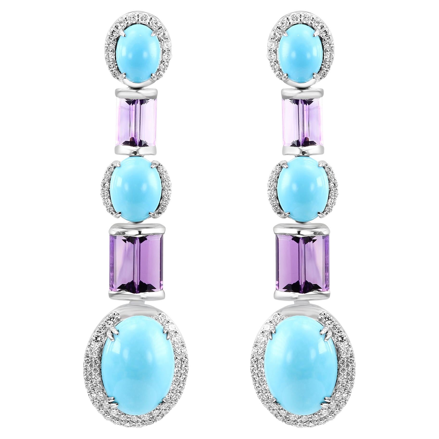 15.83 Cts Cabochon US Turquoise, 4.86 Cts Amethyst, & Diamond 18K Gold Earrings