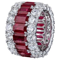 15.84 Carat Emerald Cut Ruby and Diamond Wide Eternity Band Ring