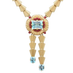 Vintage 15.84 Carat Aquamarine and 1.28 Carat Ruby, Gold Necklace by Tiffany & Co.
