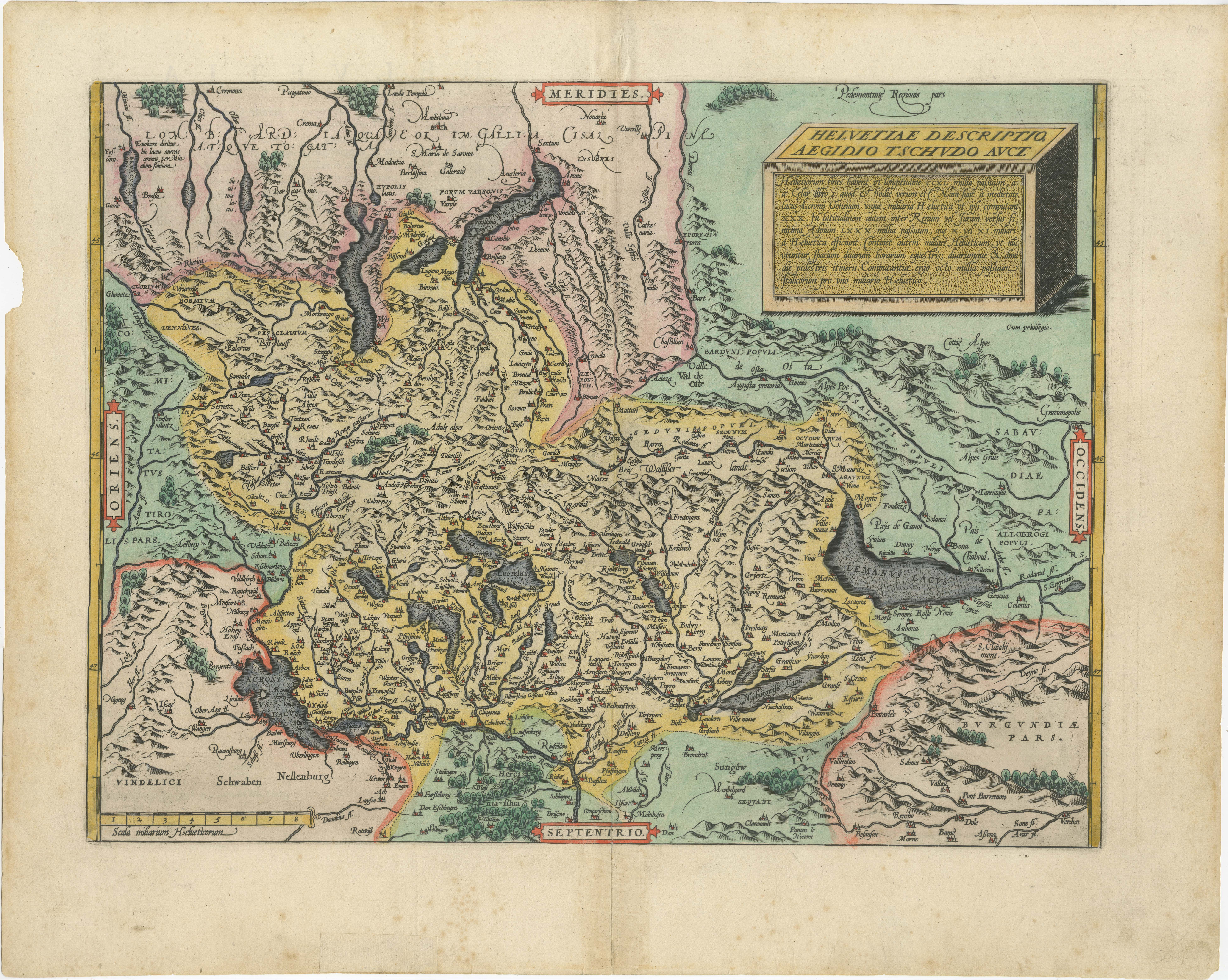 Il s'agit d'un bel exemple de la carte de la Suisse d'Ortelius tirée de son *Theatrum Orbis Terrarum*, reconnu comme le premier atlas moderne du monde. La carte est orientée avec le sud en haut, ce qui inverse l'orientation typique du nord vers le