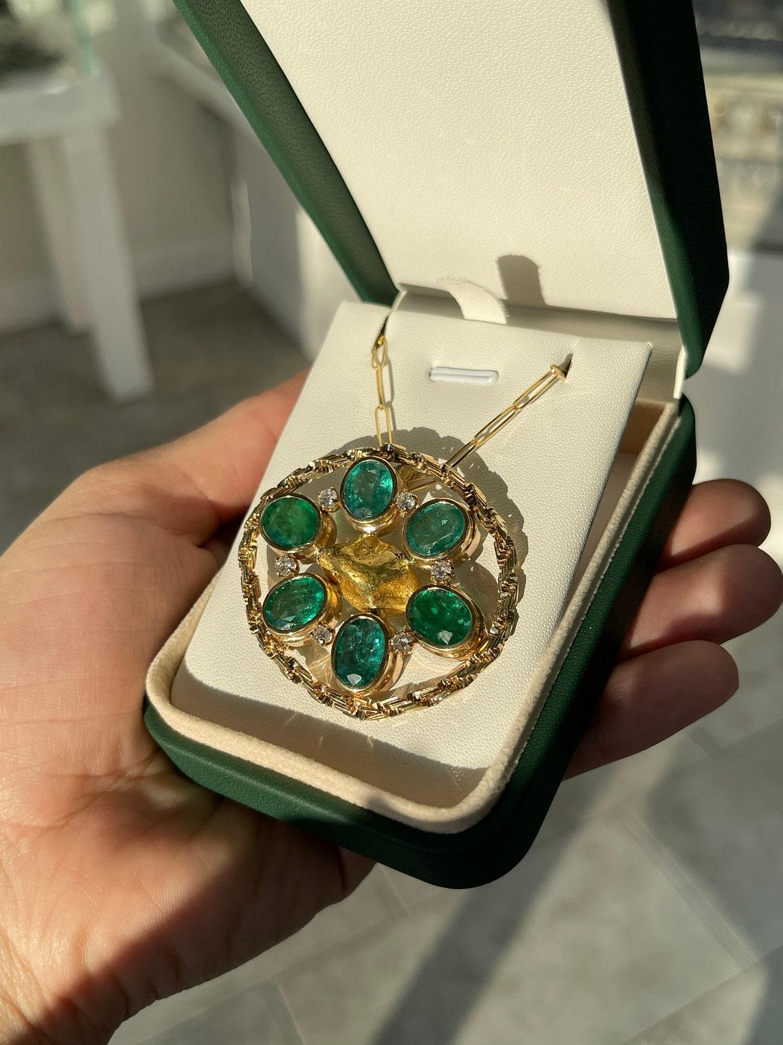Modern 15.84tcw 14K Natural Oval Emerald & Round Diamond Brooch Medium Green Bezel Set For Sale