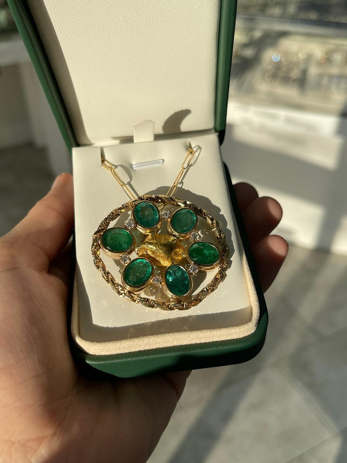Oval Cut 15.84tcw 14K Natural Oval Emerald & Round Diamond Brooch Medium Green Bezel Set For Sale