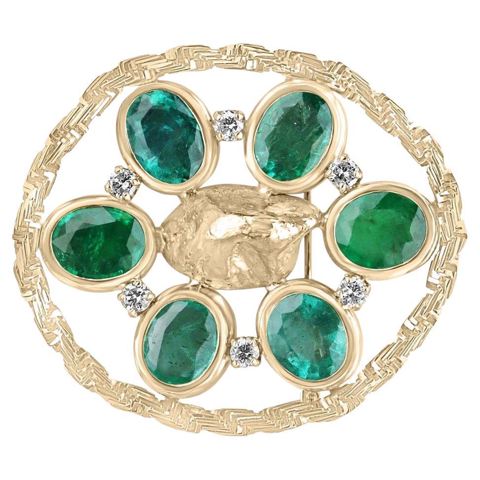 15.84tcw 14K Natural Oval Emerald & Round Diamond Brooch Medium Green Bezel Set