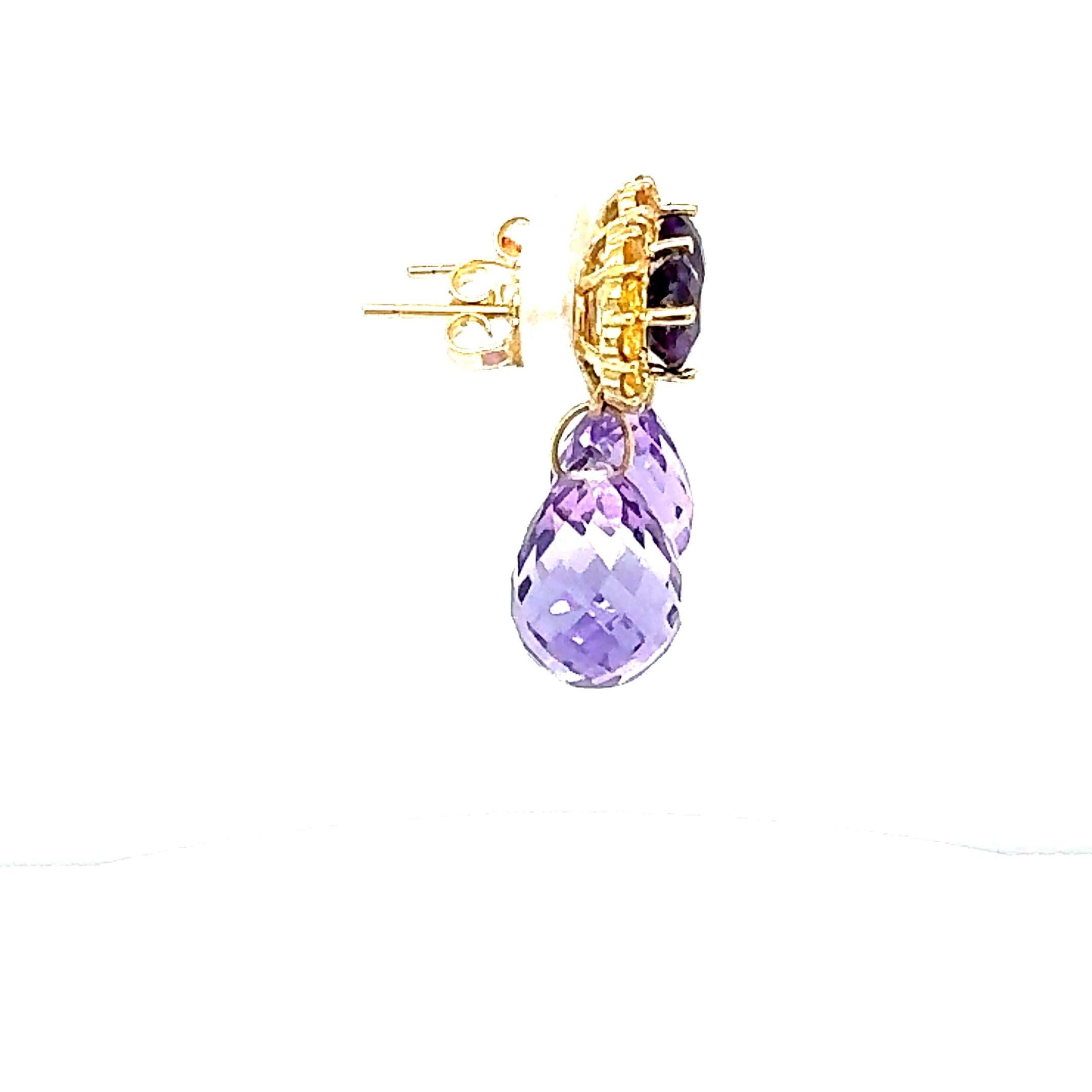 Contemporary 15.85 Carat Amethyst Sapphire Yellow Gold Drop Earrings For Sale