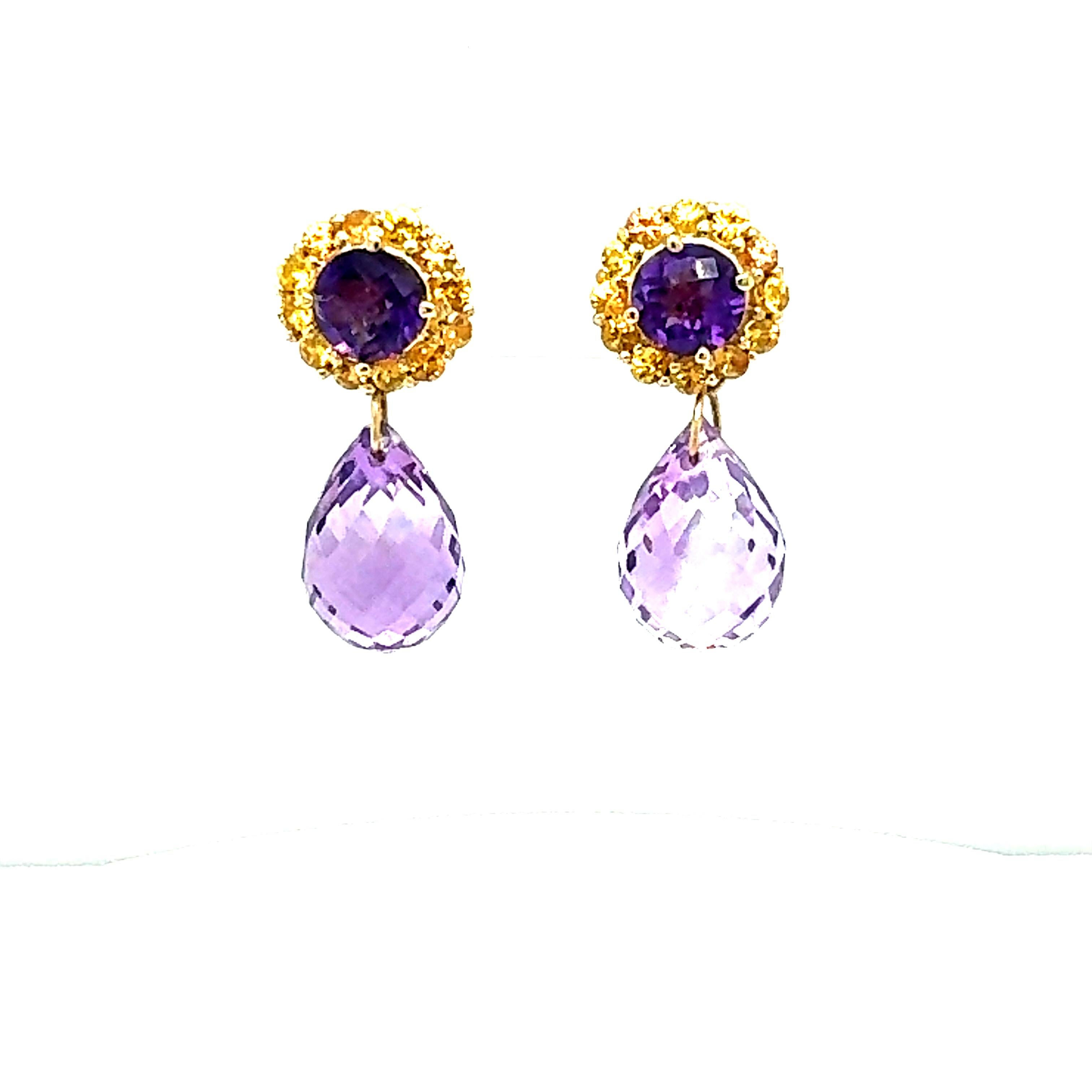 15.85 Carat Amethyst Sapphire Yellow Gold Drop Earrings In New Condition For Sale In Los Angeles, CA