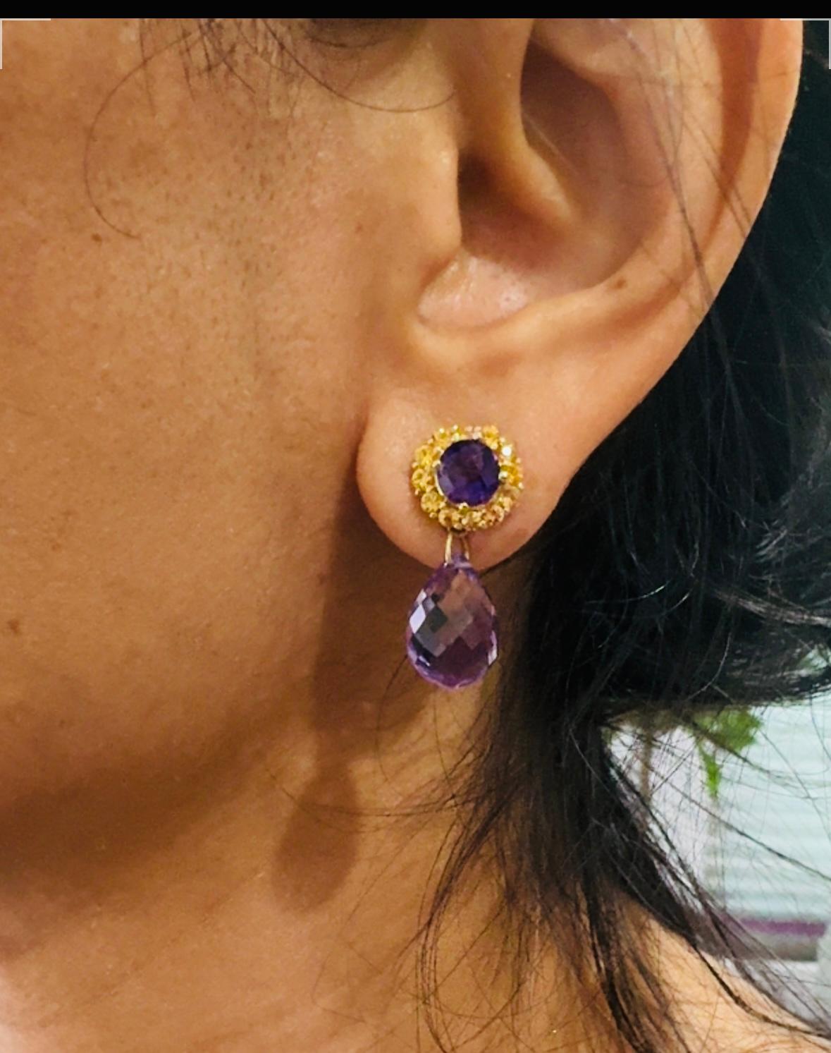 15.85 Carat Amethyst Sapphire Yellow Gold Drop Earrings For Sale 1