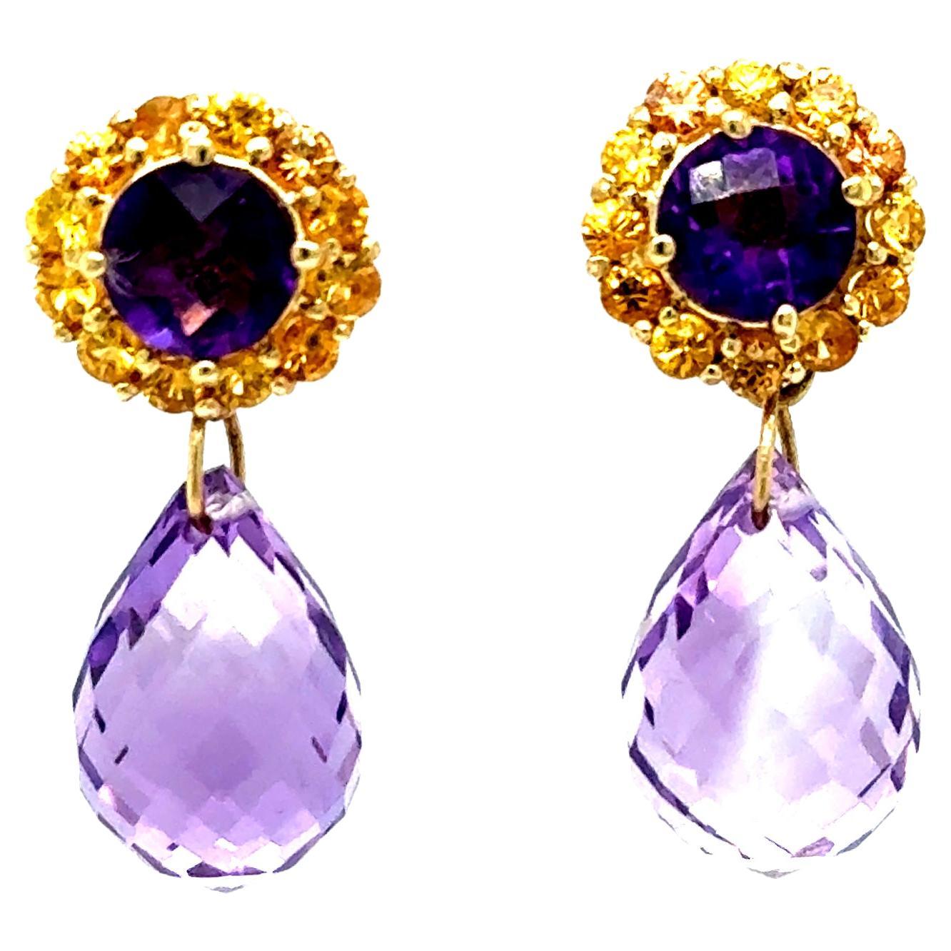 15.85 Carat Amethyst Sapphire Yellow Gold Drop Earrings