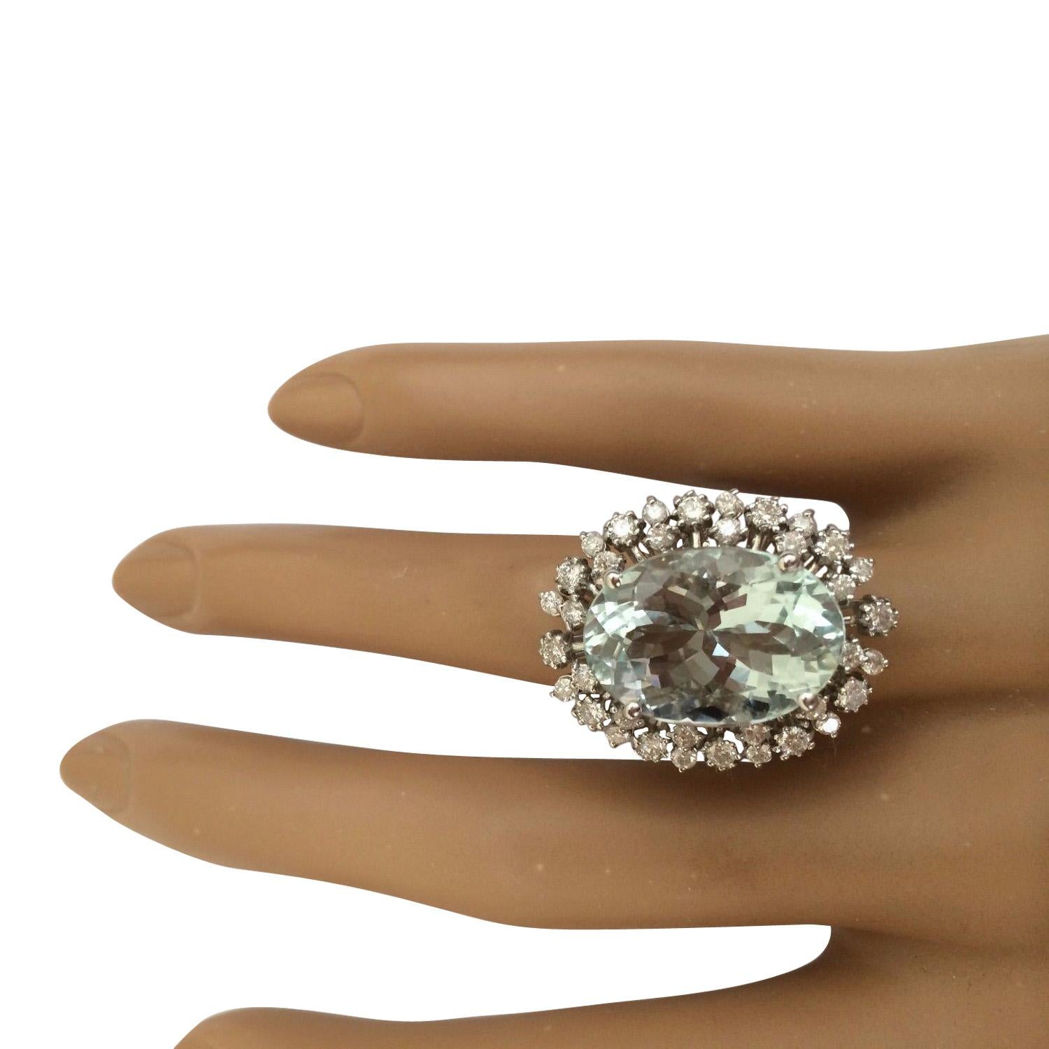 Women's Natural Aquamarine Diamond Ring In 14 Karat Solid White Gold  For Sale