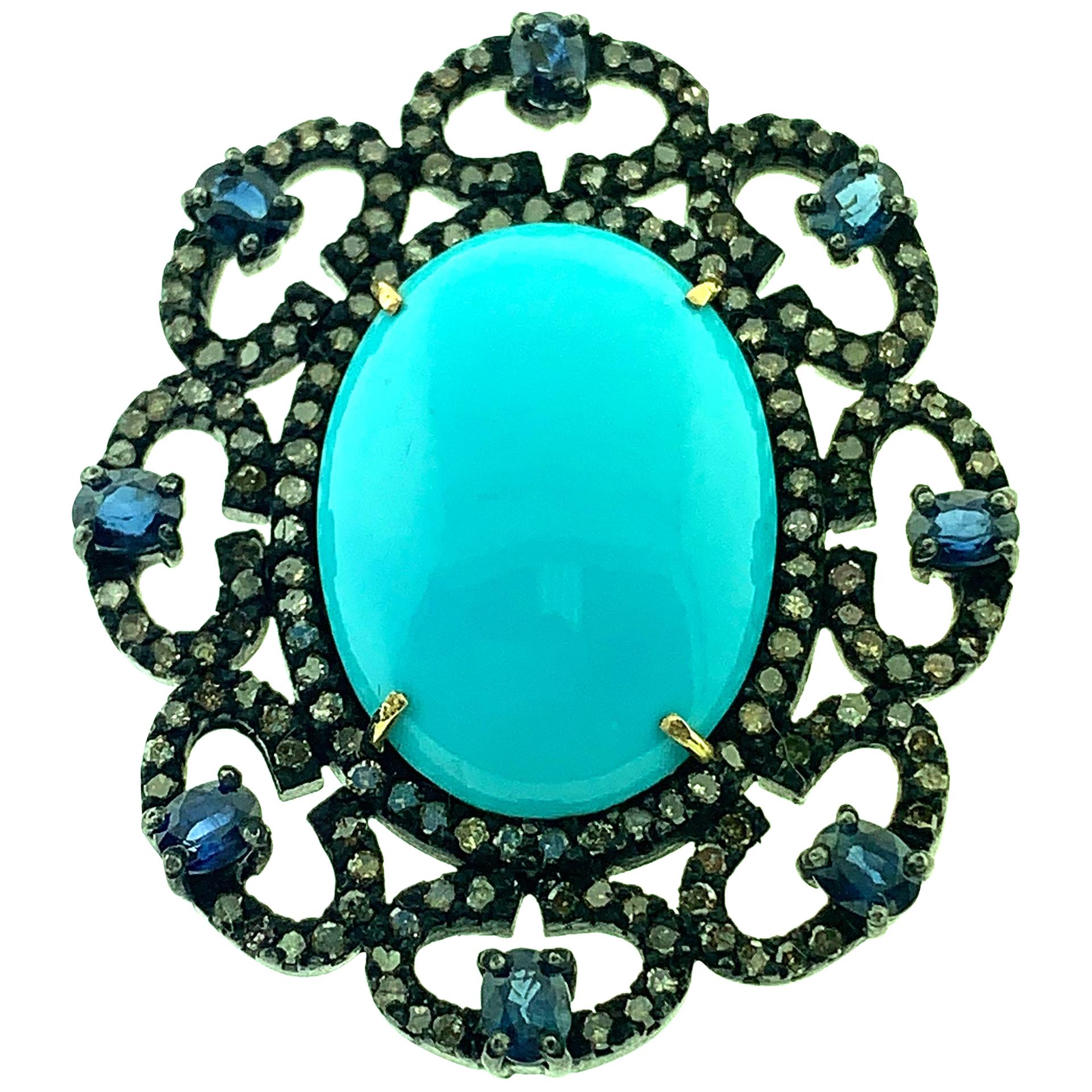 15.86 Carat Turquoise, 2.17Ct Sapphire and Pave Diamond Ring Silver, 14Kt Gold For Sale