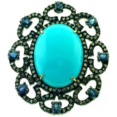 15.86 Carat Turquoise, 2.17Ct Sapphire and Pave Diamond Ring Silver, 14Kt Gold