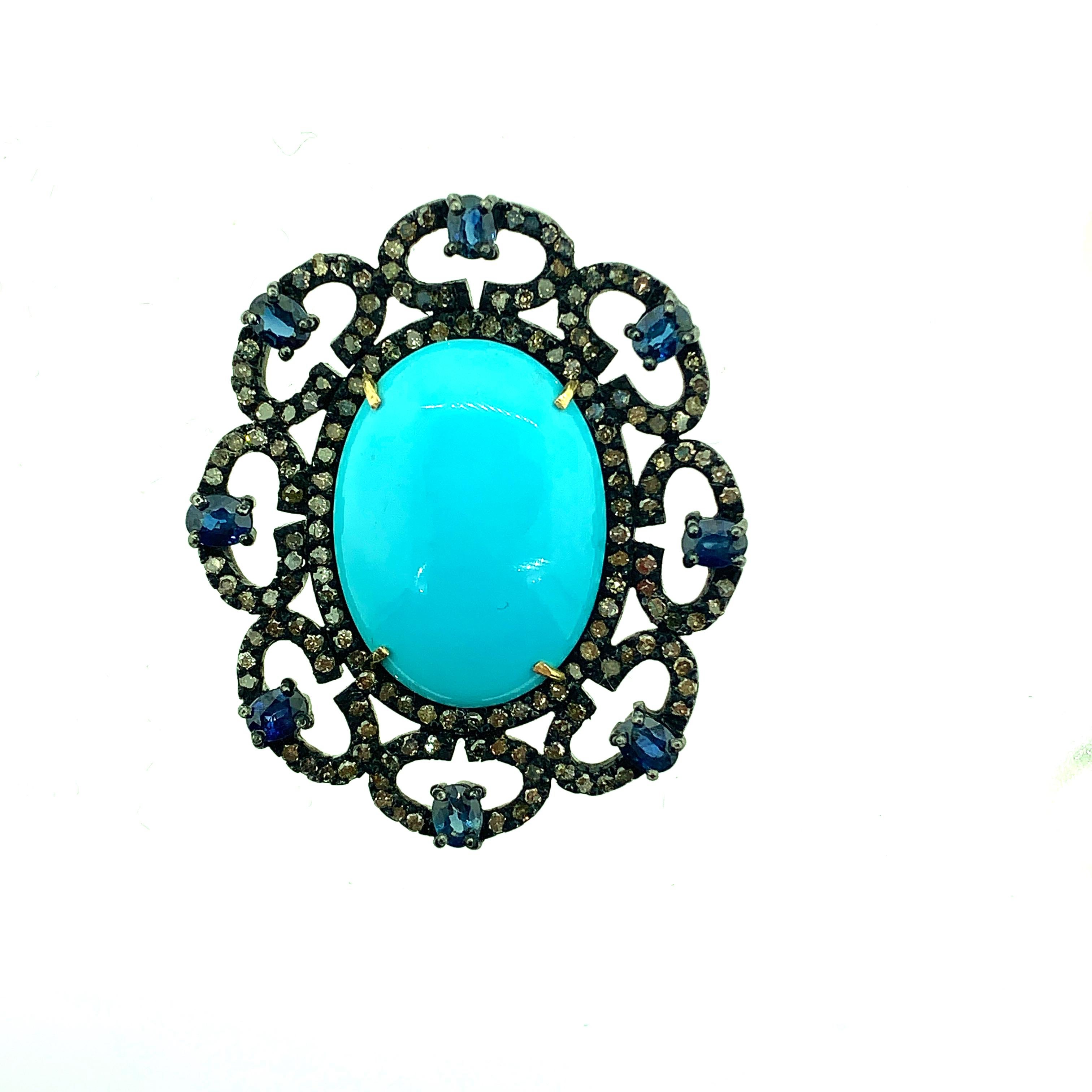 Contemporary 15.86 Carat Turquoise, 2.17Ct Sapphire and Pave Diamond Ring Silver, 14Kt Gold For Sale