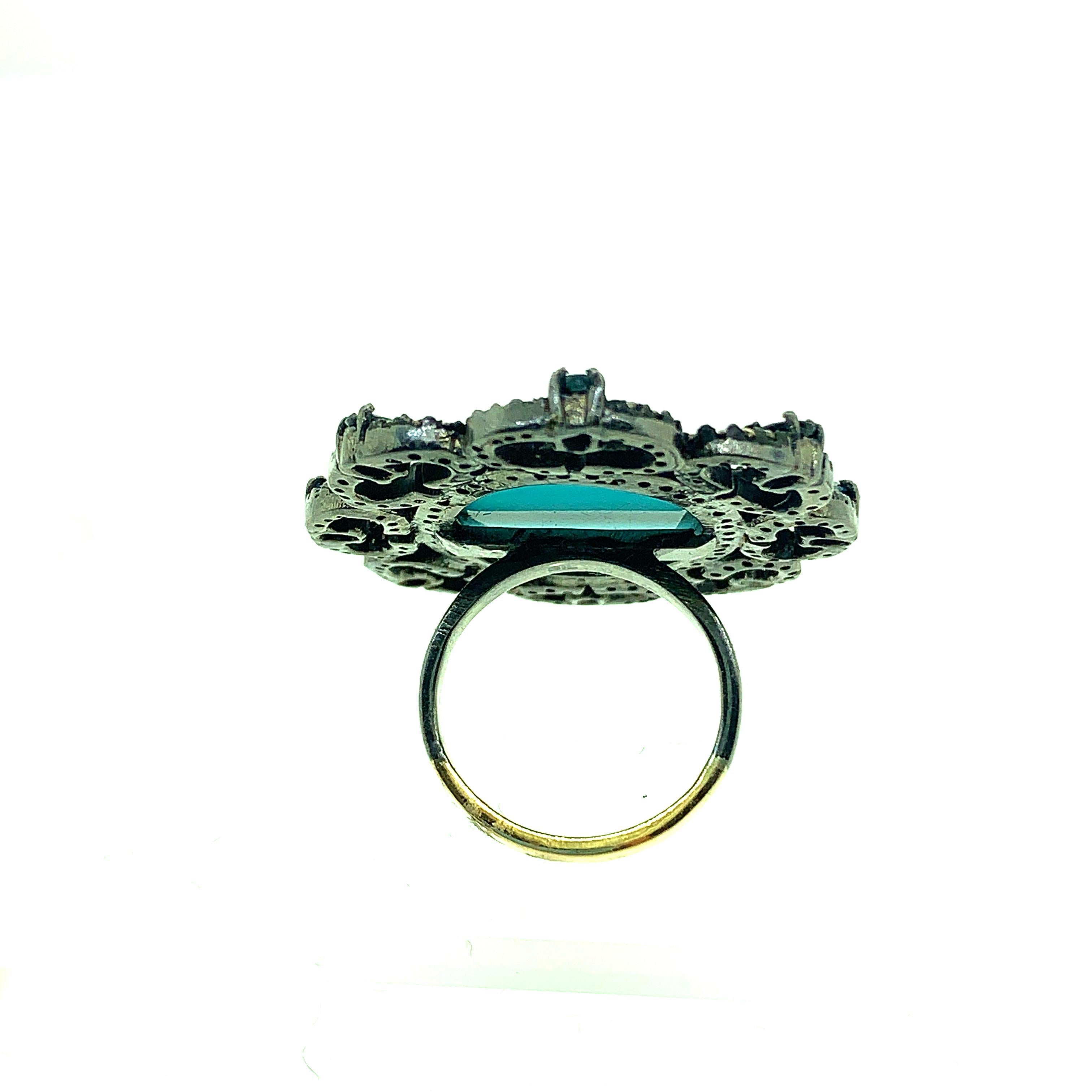 Oval Cut 15.86 Carat Turquoise, 2.17Ct Sapphire and Pave Diamond Ring Silver, 14Kt Gold For Sale