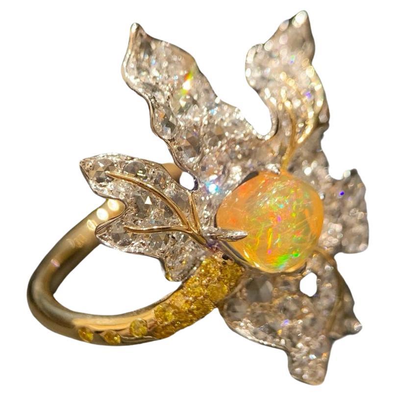 1.588 Carat Fire Opal Maple Leaf Shaped Diamond Cocktail Ring