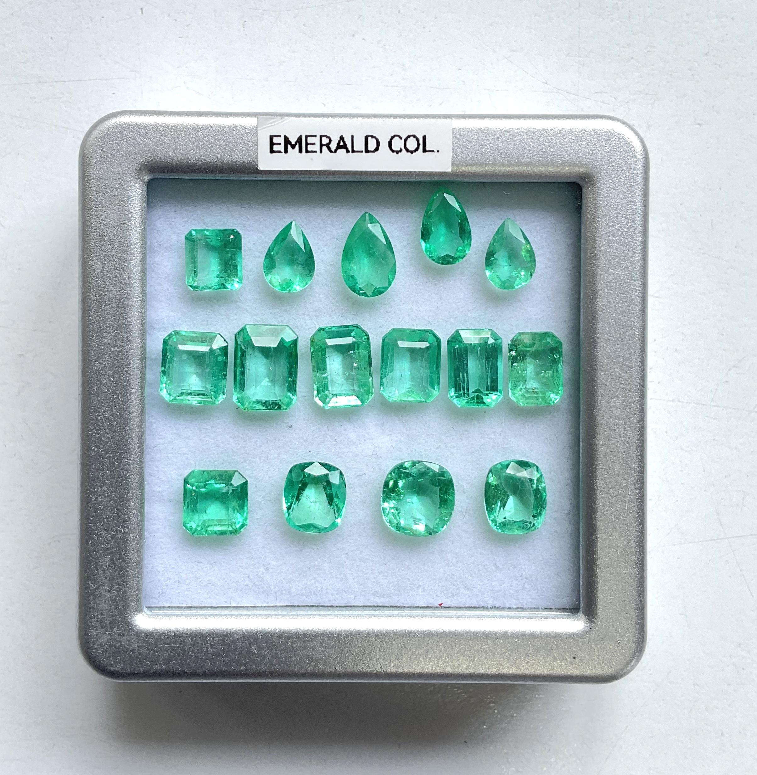 15.89 Carats Colombian Emerald Mix Cut Stone For Jewelry 15 Pieces Natural Gem

Gemstone - Emerald 
Weight - 15.89 carats
Shape - Octa - Pear - Cushion
Size - 5.5x6 To 8.5x6  MM 
Quantity - 15 pieces                                                  