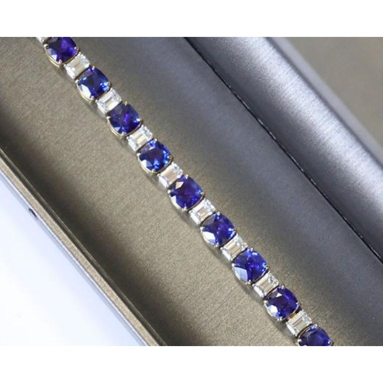 Sapphire Weight: 15.89 ct, Sapphire Measurements: 5.5 mm (17 pcs), Diamond Weight: 3.83 ct (4x3 mm), Metal: 18K Yellow Gold, Gold Weight: 17.37 gm, Length: 7 Inches, Origin: Ceylon, Sri Lanka, Color: Vivid Blue, Birthstone: September, Hardness: 9,