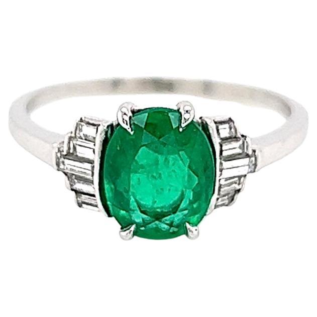 1.58 Total Carat Natural Columbian Green Emerald and Diamond Ladies Vintage Ring For Sale