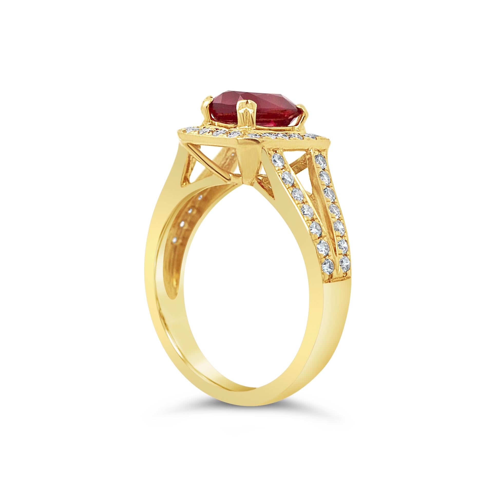 1.58ct Certified Non-Heated Cushion Cut Ruby & 0.49ct Diamond 18ct Gold Ring In New Condition For Sale In Southampton, GB