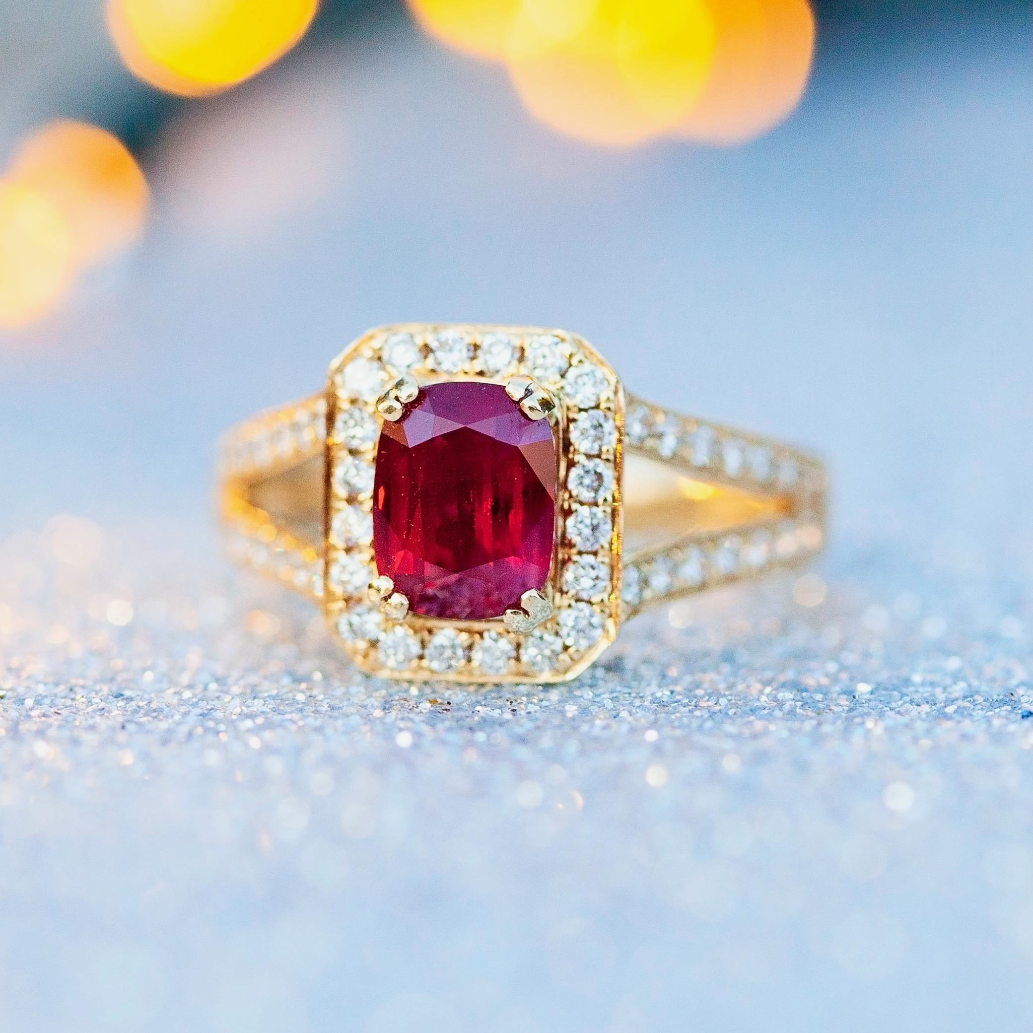 1.58ct Certified Non-Heated Cushion Cut Ruby & 0.49ct Diamond 18ct Gold Ring For Sale