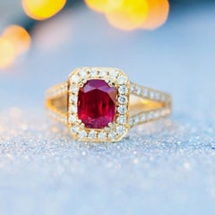 1.58ct Certified Non-Heated Cushion Cut Ruby & 0.49ct Diamond 18ct Gold Ring