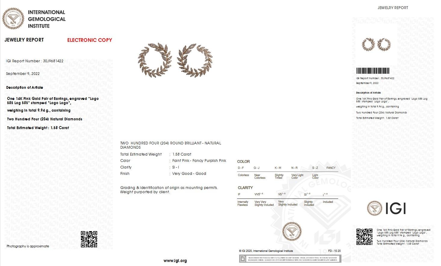 IGI Certified 1.58ct Round Brilliant Pink Diamond Earrings 14K Rose Gold  In New Condition In Ramat Gan, IL