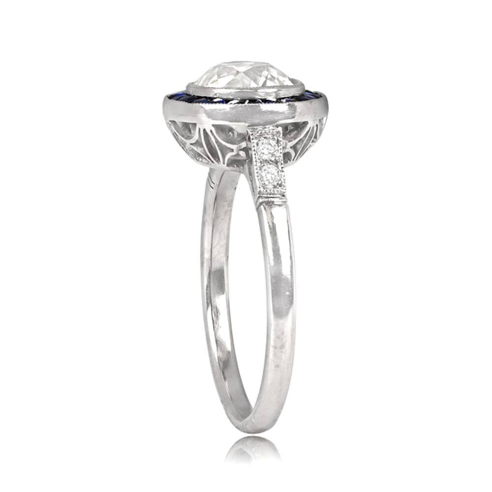 Art Deco 1.58 Carat Old Euro-Cut Diamond Engagement Ring, Sapphire Halo, Platinum