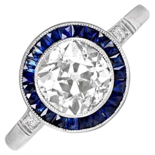 1.58 Carat Old Euro-Cut Diamond Engagement Ring, Sapphire Halo, Platinum
